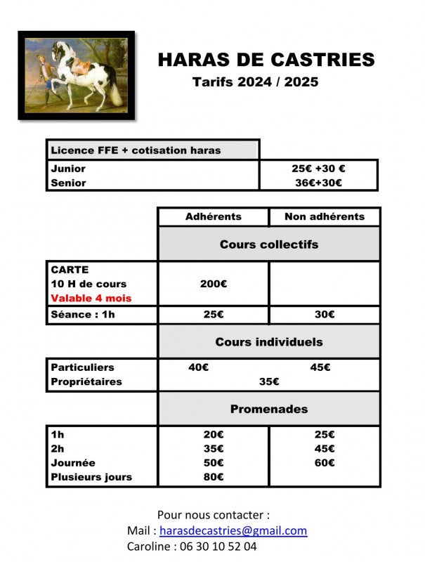 Cours collectifs et particuliers au Haras de Castries dans l'Hérault.  Tarifs. 